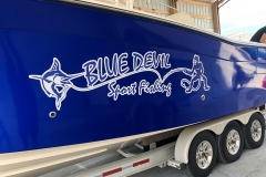 Close up of the new Blue Devil Sport Fishing boat
